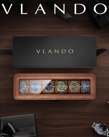 Бокс для годинників VLANDO на 6 шт, коричневий — шкіряний футляр для зберігання годинників зі скляною кришкою та замком