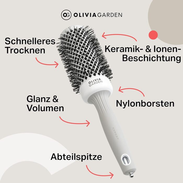 Керамічна кругла щітка для волосся Olivia Garden Expert Blowout Shine (45 мм, XS) — антистатична, для гладких та блискучих локонів, біло-сіра