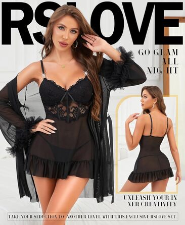 RSLOVE Комплект сексуальної білизни для жінок - мереживний комплект ніжної піжами, халат, 2-частинний неглиже, нічна сорочка, чорний M