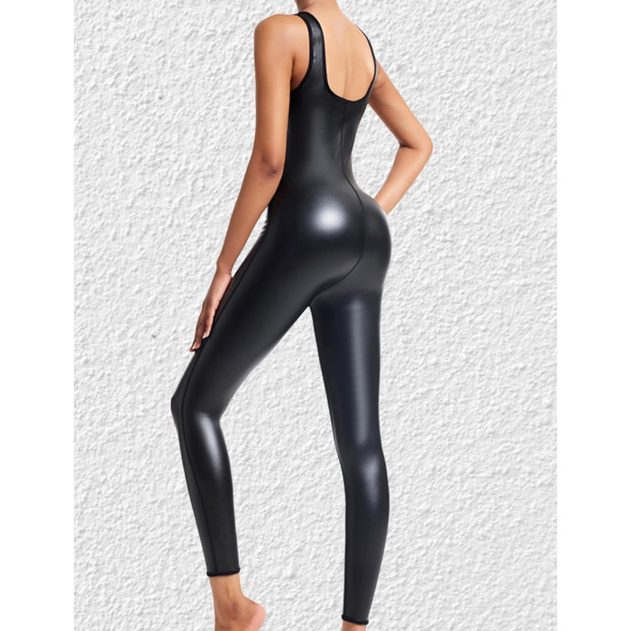 Боді з короткими рукавами FEOYA з PU шкіри, облягаючий комбінезон, сексуальний ефект мокрого блиску, для клубів, спорту, йоги, повсякденного носіння