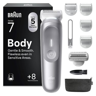 Тример для тіла та інтимних зон Braun Bodygroomer Series 7 BG7555, сірий — водонепроникний бездротовий чоловічий голений апарат з 8 насадками та чохлом