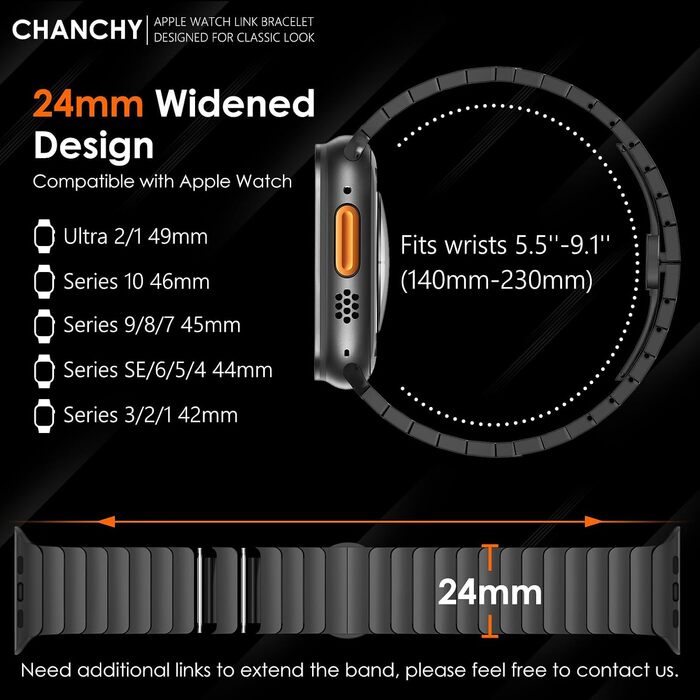 Металевий ремінець CHANCHY для Apple Watch Ultra 3/2/1, Series 11/10/9/8/7/6/5/4/3/2/1, SE — сталевий браслет (чорний, 42/44/45/46/49 мм)