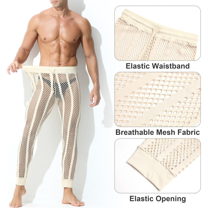 Чоловічі прозорі шорти/легінси з сітки FEOYA – сексуальна нічна сорочка, спортивні шорти, прозорі шорти з шнурком XL персикового кольору