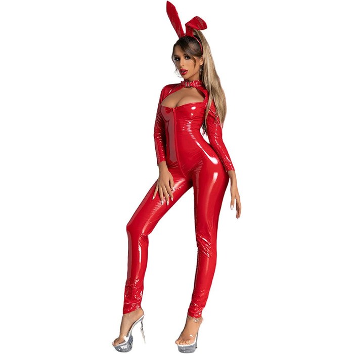 Сексуальний костюм-комбінезон з латексу/шкіри для жінок, відкритий крок, червоний (M)