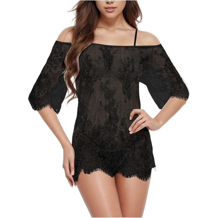 Жіночий сексуальний комплект білизни Babydoll з мереживом, бюстгальтер Push Up, мереживна нічна сорочка, комплект XXL, чорний (A3-3XL)
