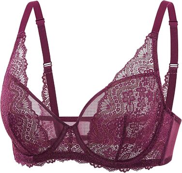 Бюстгальтер Dobleva з мереживом, з кісточками, ефект мінімайзер, великі розміри, сексуальний, прозорий, глибокий виріз (75B, Traubenwein)