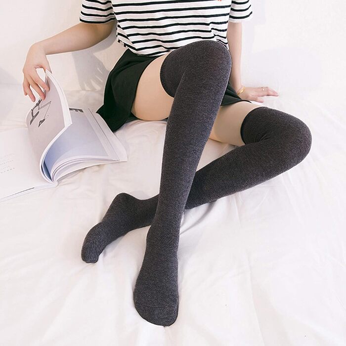 DRESHOW 3 пари дамських панчіх-шкарпеток над коліном, високі шкарпетки в смужку (бордовий, чорний, сірий)