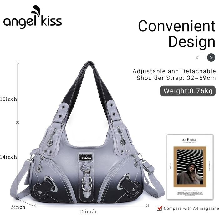 Жіноча сумка-хобо Angelkiss: велика сумка через плече для щоденного використання, сіро-чорна