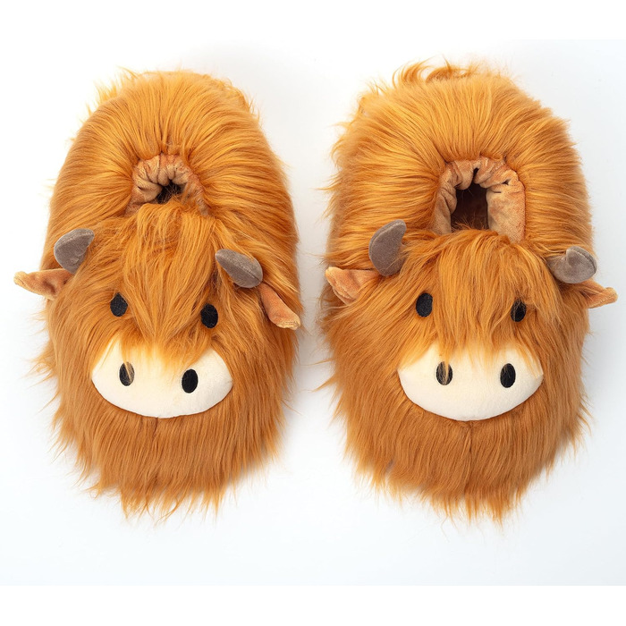 Плюшеві капці Corimori Bessie Highland Cow (шотландська корова) з гнучкою підошвою та гумкою, універсальний розмір (дитячий 25-33.5 та дорослий 34-44)