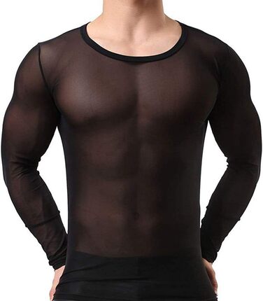 Чоловіча прозора чорна майка з довгим рукавом - нічна сорочка, сексуальна білизна, обтисла футболка з еластичних волокон, чорна майка-сітка L-XL
