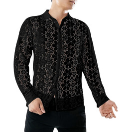 Чоловіча сорочка Crongless з квітковою мереживом, довгі рукави, прозора, на ґудзиках, чорно-біла, розмір M