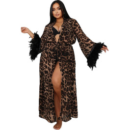Халат жіночий сексуальний з леопардовим принтом, з пір'ям та мереживом, довгий, великі розміри, для дому, нічна сорочка, бандаж, нічна сукня, халат з поясом, XXL