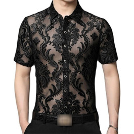 Чоловіча сорочка Yeuyyben з прозорою вставкою, літня, з короткими рукавами, чорна, XL