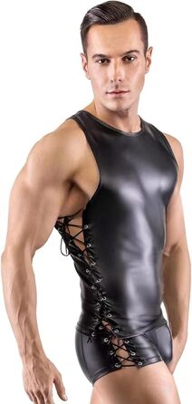 Чоловічий комплект: шкіряна жилетка, шорти, майка. Сексуальний набір для ночі. Чорний, без рукавів, облягаючий, для нічного клубу. Wetlook, комплект з 5 частин.