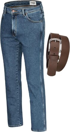 Чоловічі стрейч-джинси Wrangler Texas Regular Fit Authentic Straight (Stonewash) з коричневим ременем, розмір 50W / 32L