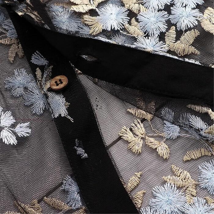 Чоловіча сорочка з коротким рукавом, квітковий вишитий мереживний топ, прозора сорочка, чорний колір, розмір XXXXX-Large