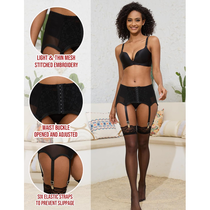 Чорний пояс для панчіх з мереживом, великий розмір, 3 шт.