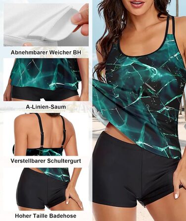 Tankini жіночий купальник з шортами, комплект двочастинний, літній, великий розмір (XL, чорно-зелений)