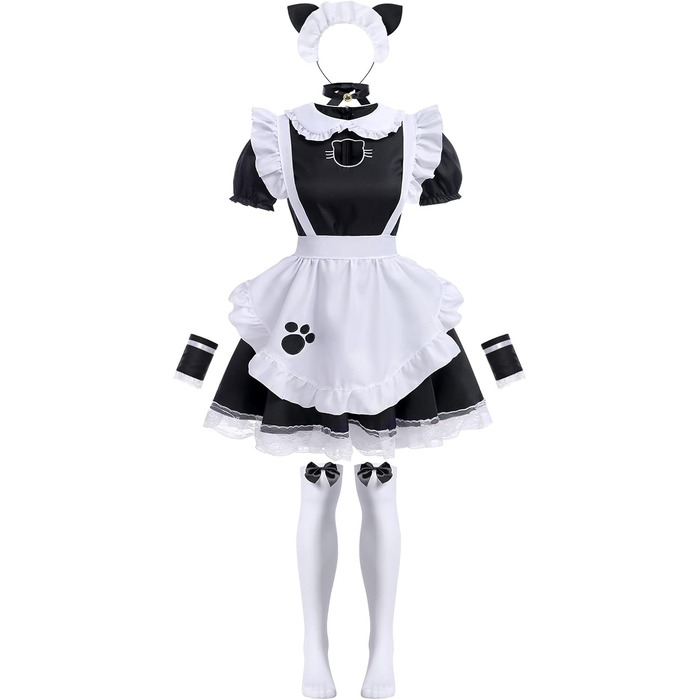 Костюм для косплею: сукня горничної, аніме, чорний, з вушками та рукавичками (5XL)