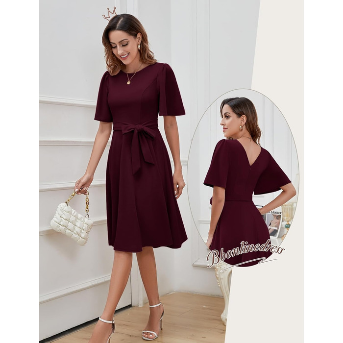Сукня коктейльна Bbonlinedress жіноча з коротким рукавом, довжини міді, бордового кольору з поясом, для вечірок та весіль