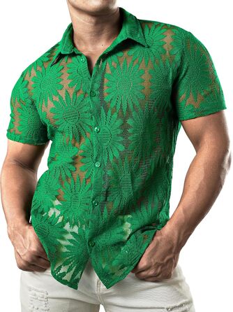 Чоловіча сорочка JOGA з мереживом, короткий рукав, літня, зелена (XL)