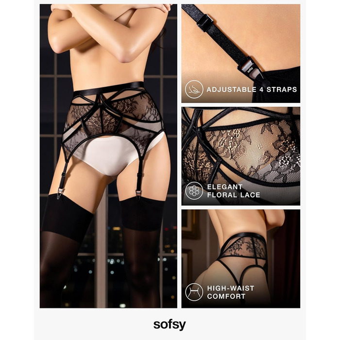 Чорний мереживний комплект білизни Softy Strapsgürtel: страп-ремені, стринги, мереживо, для жінок
