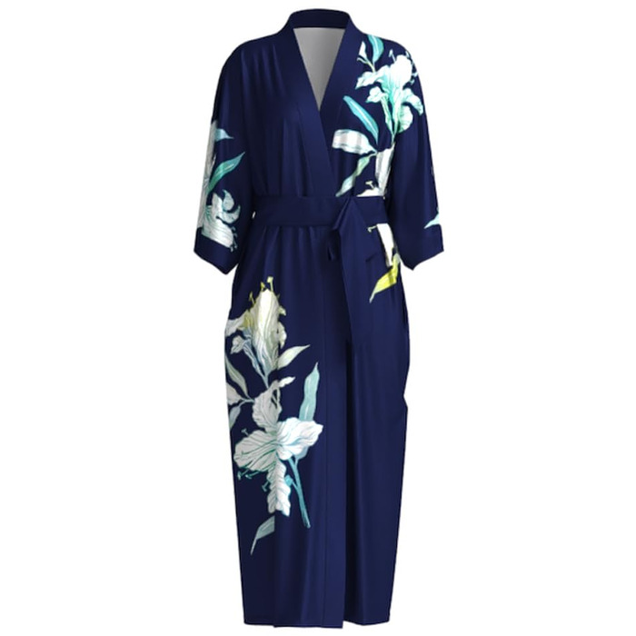 Домашній халат-кімоно з атласу, довгий, з квітами, темно-синій та ліловий (один розмір). Ідеально для вечірки, весілля або як подарунок.