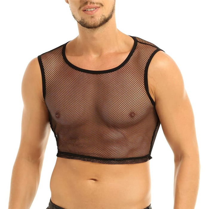 Чоловіча футболка з сітки, прозора, для клубної моди, чорна (XXL)