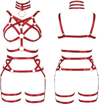 Жіночий корсет-накидка з ремінцями Банссгот. Набір сексуальної білизни в готичному стилі, червоний колір. Регульований розмір, стрінги, готичний раве-стиль