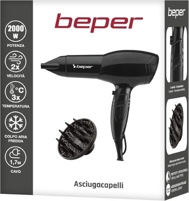 Фен для волосся BEPER 40.979 2000 Вт, чорний, з дифузором та концентратором, протиковзаюча ручка