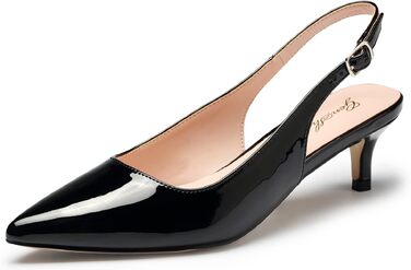 Жіночі елегантні туфлі-човники GENSHUO на низьких підборах (kitten heels) з відкритою п'ятою, чорний лак, розмір 42 EU