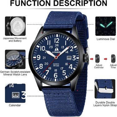 Чоловічий тактичний годинник Military Quartz: водонепроникний (3ATM), аналоговий кварцовий годинник з календарем та нейлоновим ремінцем, синій