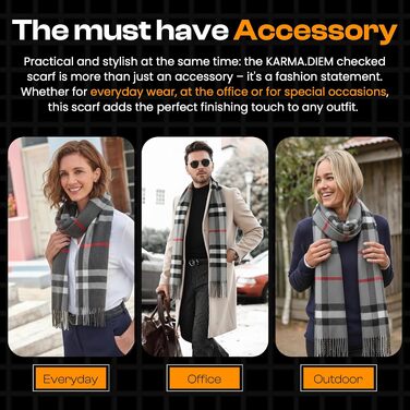 Унісекс шарф у клітинку KARMA.DIEM London Style, м'який зимовий шарф для жінок та чоловіків, сірий, 35x170 см