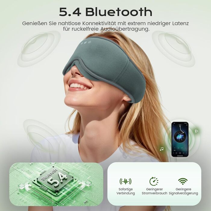 Bluetooth-навушники для сну MUSICOZY 5.4 — Маска для сну з 3D бамбуковою бавовною, повне затемнення (Blackout), 16 годин роботи, для подорожей та людей, що сплять на боці (Димчасто-сірий)