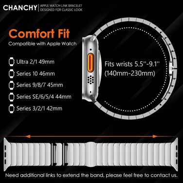 Металевий ремінець CHANCHY зі сталевих ланок для Apple Watch Ultra 2/1, Series 11/10/9/8/7/6/5/4/3/2/1, SE — Срібний, 38/40/41/42 мм