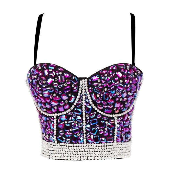 Жіночий бюстгальтер-корсет Push Up з детальним оздобленням стразами та діамантами, готичний стиль, знімні бретелі, для вечірок, Cubwear (XS, Синій)