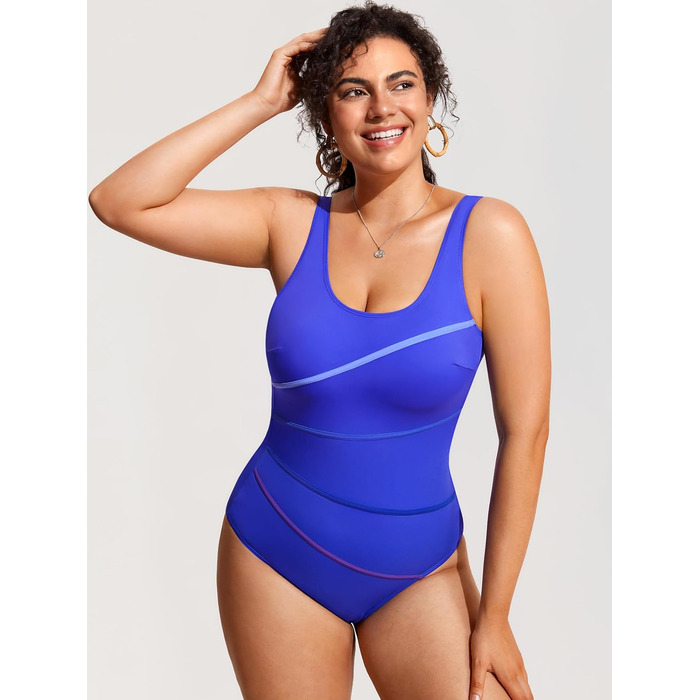 DELIMIRA купальник великого розміру, корегуючий, з V-подібним вирізом, смугастий (44, Milky Way Purple)