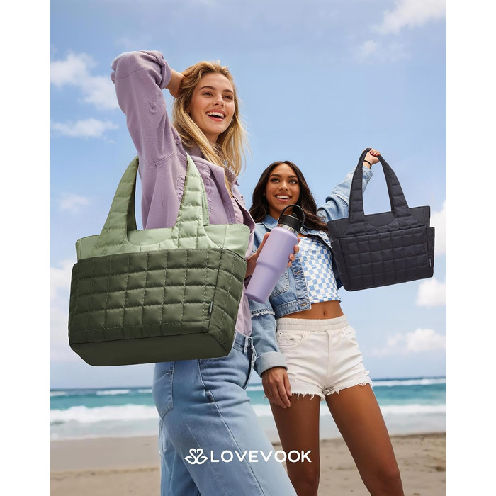 Жіноча сумка-шопер LOVEVOOK Puffer для ноутбука 15.6 дюймів, містка робоча сумка через плече з відділенням для пляшки води для офісу, навчання та подорожей (Смарагдово-зелена, M)