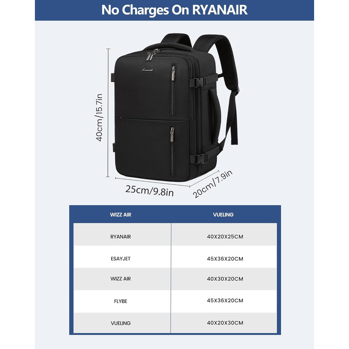 Жіночий дорожній рюкзак LOVEVOOK для ручної поклажі Ryanair (40x20x25 см), місткість 20л, відділення для ноутбука 14