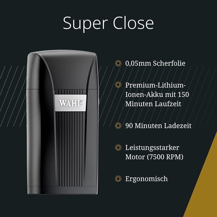 Тример для гоління Wahl Super Close — професійний фінішний шейвер для точного фейдингу, обрізки контурів волосся та шиї, 150 хв роботи, від мережі та акумулятора
