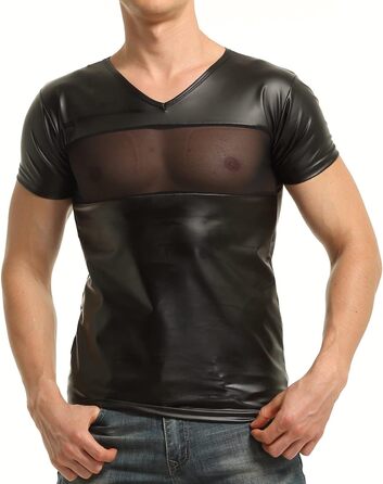 Чоловіча сорочка з ефектом латексу та вставками з сітки XL