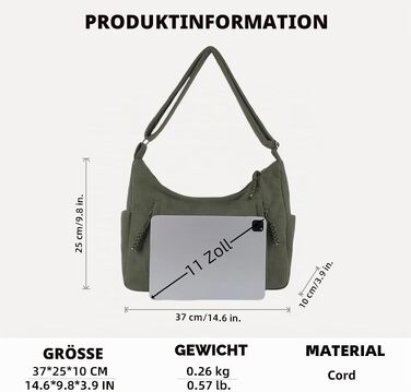 Жіноча сумка-шопер Cord Tote Bag: велика сумка через плече та хобо для школи та роботи, вельветова сумка з регульованим ременем (один розмір, зелена)