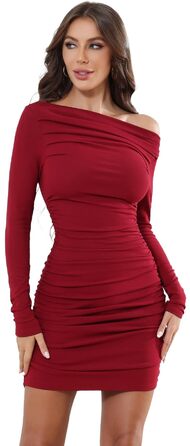 Жіноче бодікон міні-плаття з довгим рукавом, трикотажне, повсякденне, сексуальне, на одне плече, з драпіруванням, короткі коктейльні/вечірні сукні, однотонне (Вино-червоний, L)