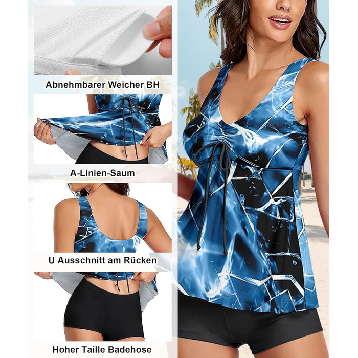 Танкіні жіночий купальник з високою талією, шорти, push-up, блакитний, XL