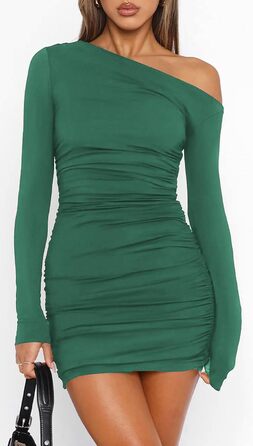 Жіноче облягаюче плаття ELFIN з трикотажної тканини, довгим рукавом, міні, на бретельці, з драпіруванням, для вечірок, клубів, повсякденного носіння (Зелений, M)