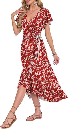Сукня AUSELILY Soerkleid з квітковим принтом, довга пляжна сукня з V-подібним вирізом, висока талія, блакитна (M)