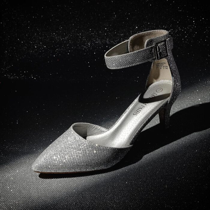 Жіночі туфлі-човники DREAM PAIRS на підборах з ремінцем на щиколотці, сріблясті з блискітками, розмір 44 EU