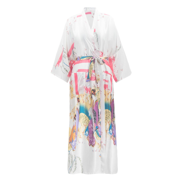 Кимоно халат для жінок великих розмірів, довгий, з атласу, легкий, японський, плюс сайз, халат-кімоно, юката (Sakura Ukiyoe білий, XL)