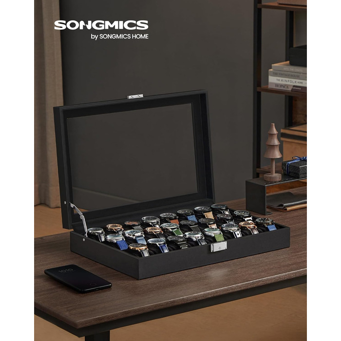 Бокс для годинників SONGMICS на 24 позиції з замком та скляною кришкою, органайзер з PU-шкіри та оксамитовою підкладкою, чорний (JWB024)