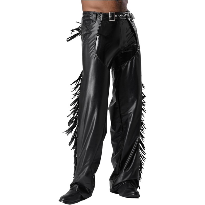 Чоловічі шкіряні лосини з ефектом мокрого блиску, відкриті штани, косплей каубой, чaps, лосини з бахромою, еротичні, чорні, 3XL